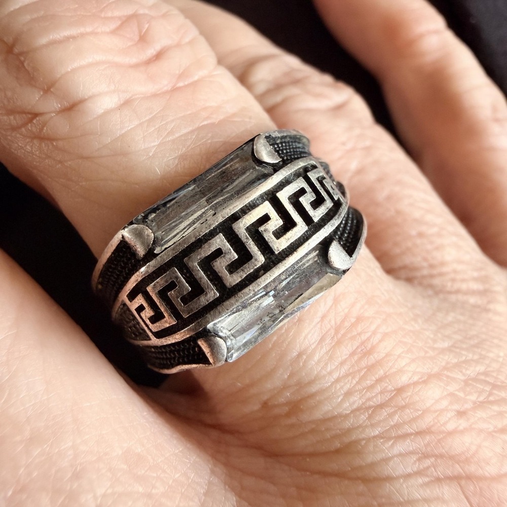 Sterling Silver 925 Greek Key Baguette Band Ring Sz 11.5 Mens Statement CMZ